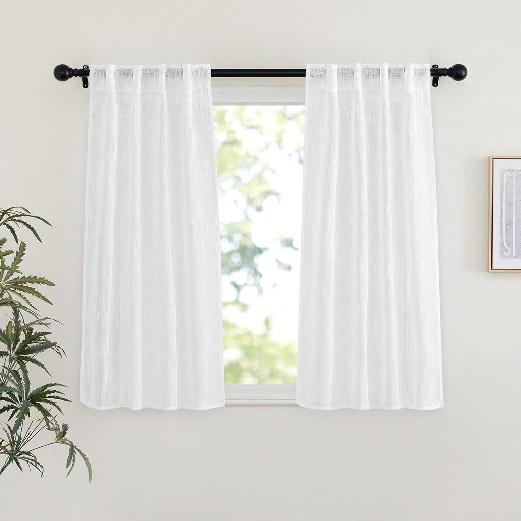 NICETOWN White Sheer Bathroom Curtains 48 inches Long, Rod Pocket & Back Tab Semi Sheer Faux Linen Privacy Window Treatments Light Filtering Drapes for Kitchen, W29 x L48, 2 Panels