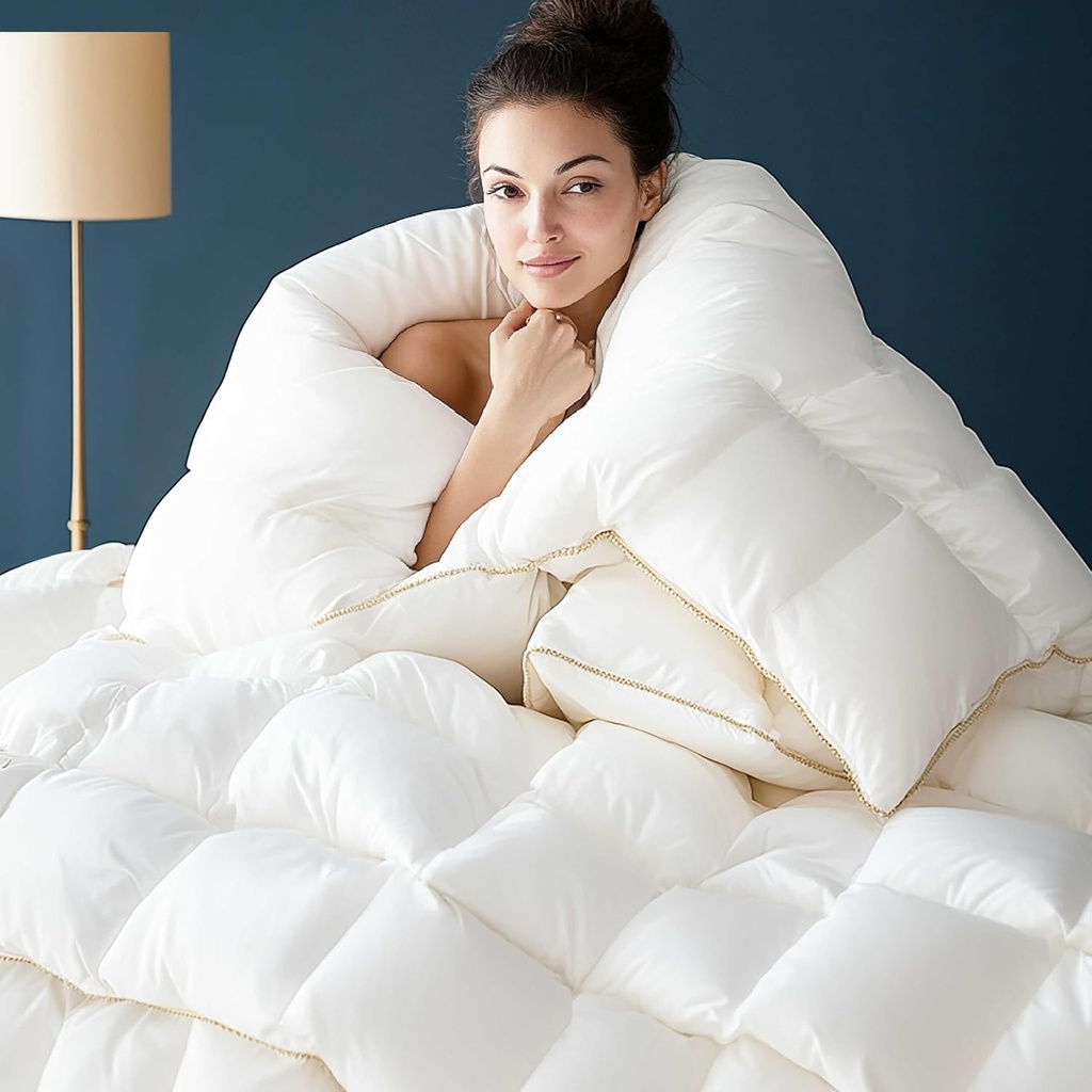 WhatsBedding Feather Down Fiber Comforter King Size, 100% Cotton Duvet Insert for All Season, Hotel Collection, 8 Corner Loops, 90x106 in