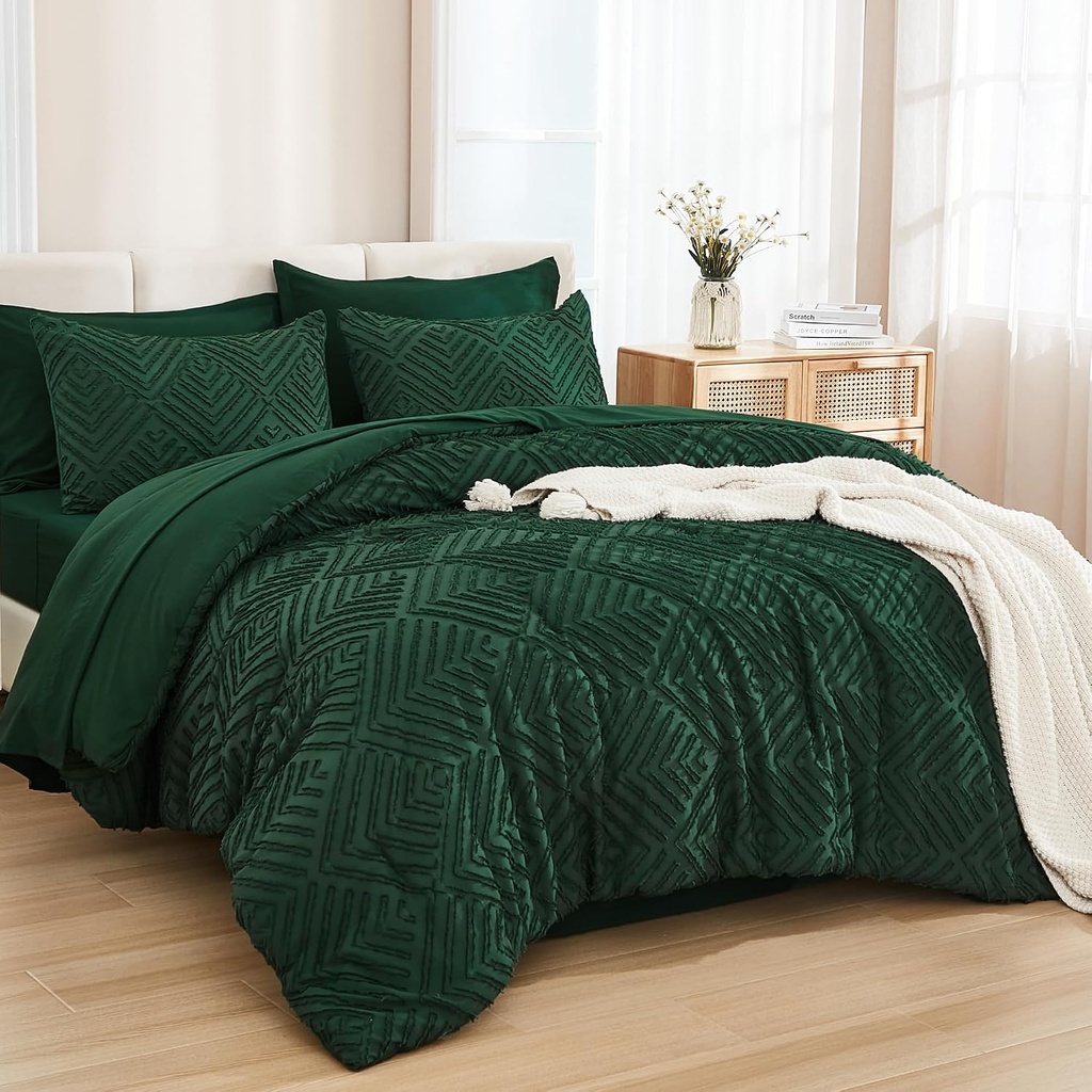 Andency King Size Comforter Set 7 Pieces Dark Emerald Green - Bed in a Bag King Boho Lightweight Fluffy Tufted Bedding Sets with Quilt Comforter, Sheets, Pillowcases & Shams