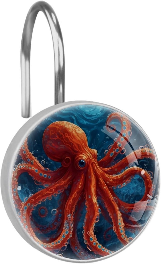 12 Pack Octopus Shower Curtain Hook, Round Stainless Steel Home Decoration Shower Curtain Rings for Bathrooms, Cute Shower Hooks for Bathroom Kitchen Bedroom Curtain Rods (Underwater World)