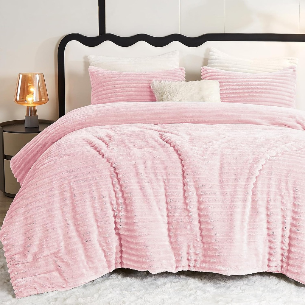 CozyLux Fluffy Queen Comforter Set - Super Soft Faux Fur Pink Comforter Queen Size, Warm Fleece Bedding Set, 3 Pieces Plush Fuzzy Bed Set (1 Shaggy Comforter, 2 Pillowcases)