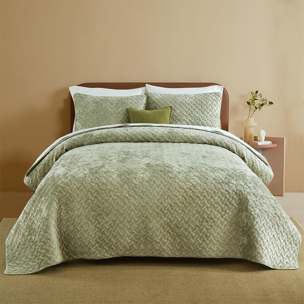 Velvet Bedspread Quilt Bedding Sets,Luxury Elegant Ultra Soft Velvet Comforters Coverlet Blankets,Weave Stitching Pattern Cotton Quilted Bedspread for All Seasons,Sage Green,Queen Size
