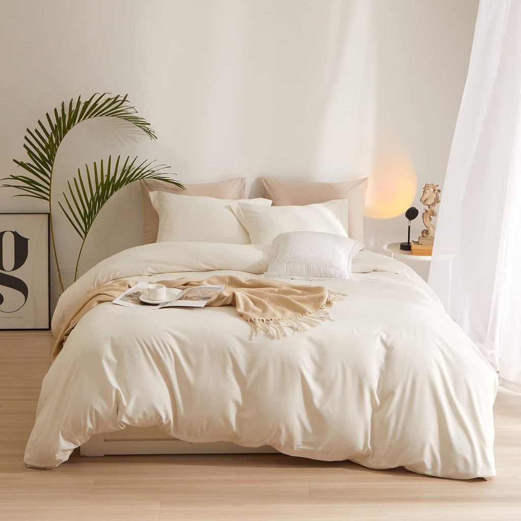 AMWAN Cream Duvet Cover Twin Size Soft Washed Microfiber Ivory Set with Zipper Closure Boho Comforter Cover 68'x86' and 2 Pillowcases