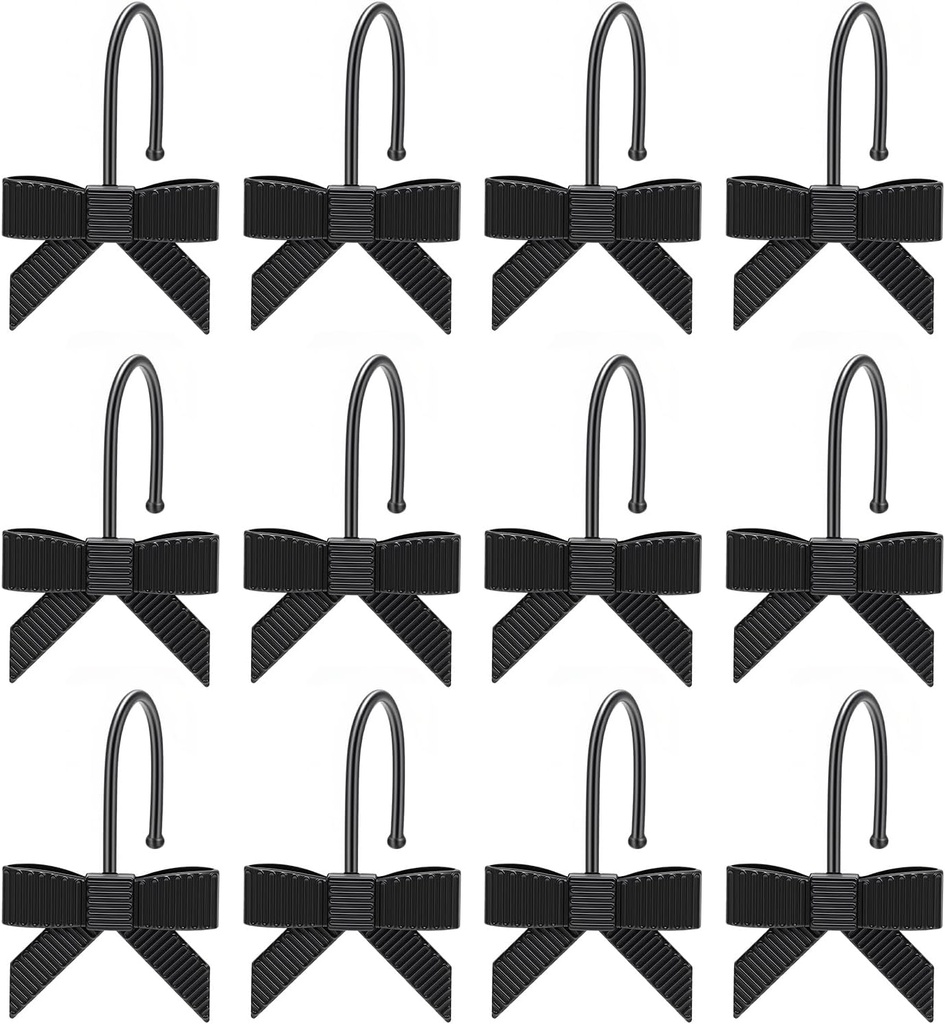 12 Pcs Black Bow Shower Curtain Hooks, Black Shower Curtain Hooks for Bathroom Decorative, Cute and Mysterious，Rust-Resistant Hook