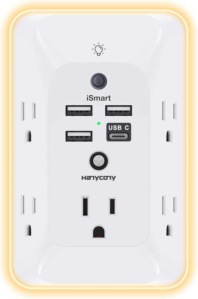 Outlet Extender with Night Light, HANYCONY Multi Plug Outlet, USB Wall Charger Surge Protector 4 USB Ports(1 USB C), Power Strip Electrical Outlet Splitter Expander for Home Office Dorm Room, ETL
