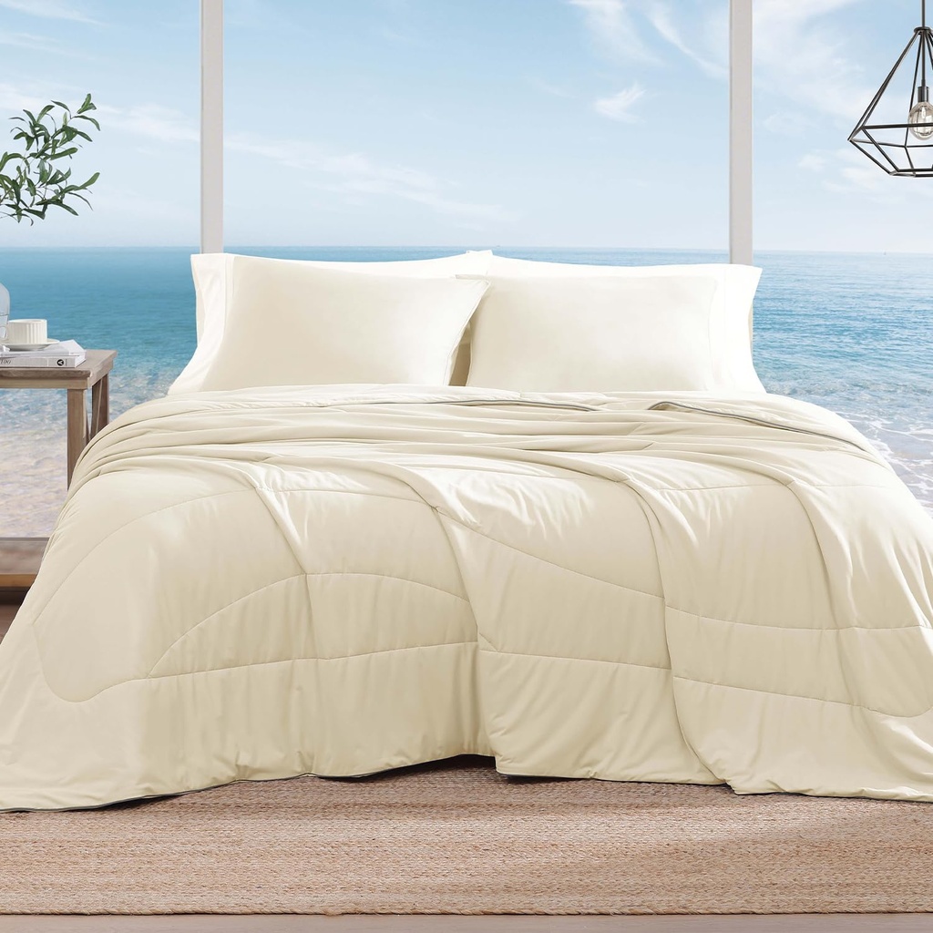 Monbix ChillChilla Cooling Comforter Queen Size-3 Pieces Cooling Blankets for Hot Sleepers and Night Sweats, Double-Sided Summer Queen Comforter Set, Breathable Lightweight Blanket Cream White