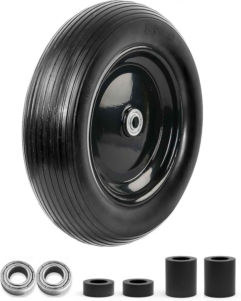 13 Inch Wheelbarrow Tires 4.00-6 Flat Free Wheelbarrow Tire, 5/8" or 3/4" Bearings Sold Tire Replacement for Wheel Barrel Wheel Barrow, Includes Adapter Kit(4.00-6 Flat Free)