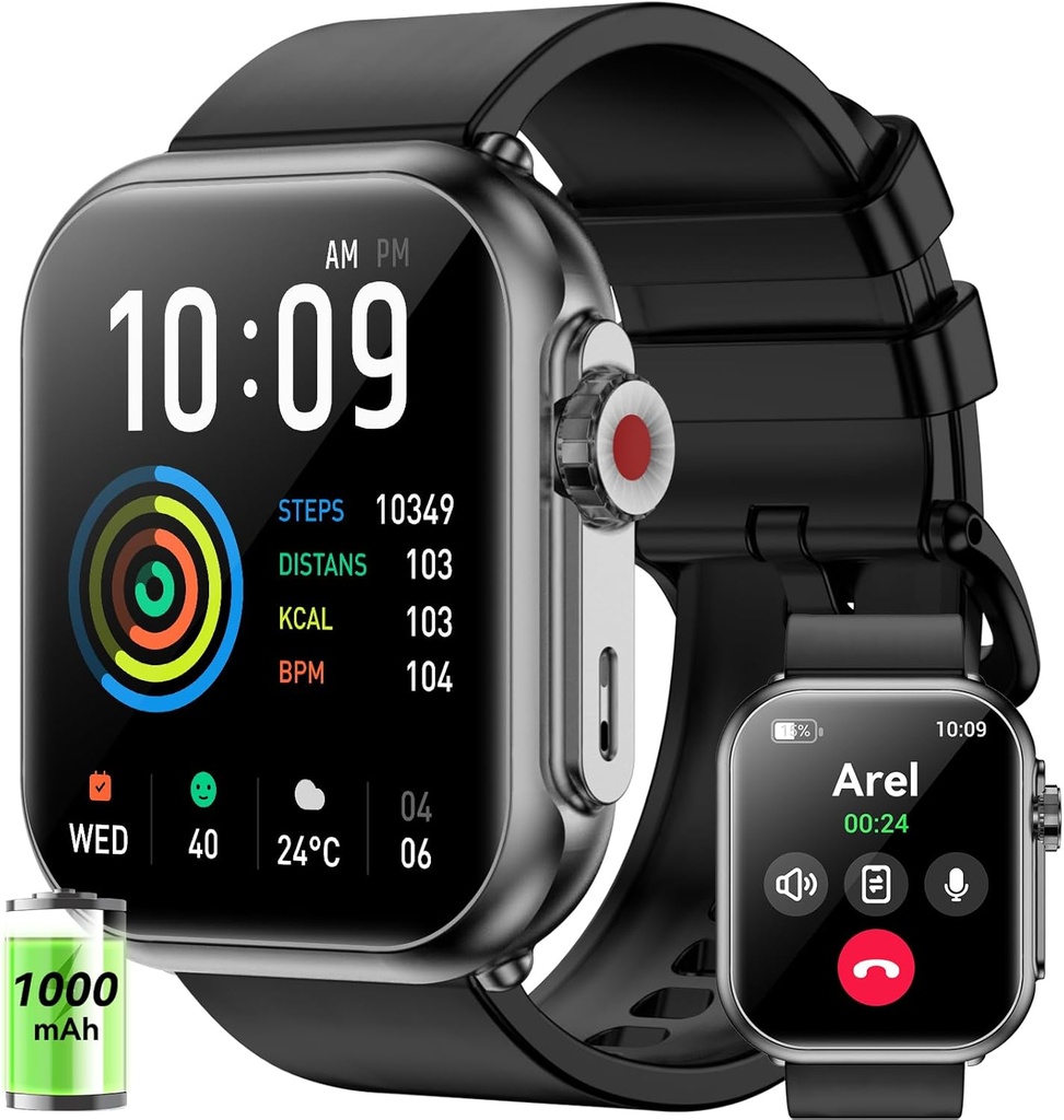 Smart Watch for Men Women, 1000mAh Battery 100-Day Standby Time, 1.85" HD Screen Fitness Tracker, 110+ Sport Modes, IP68 Waterproof, Heart Rate/Sleep Monitor, Fitness Watch for Android/iOS(Black)