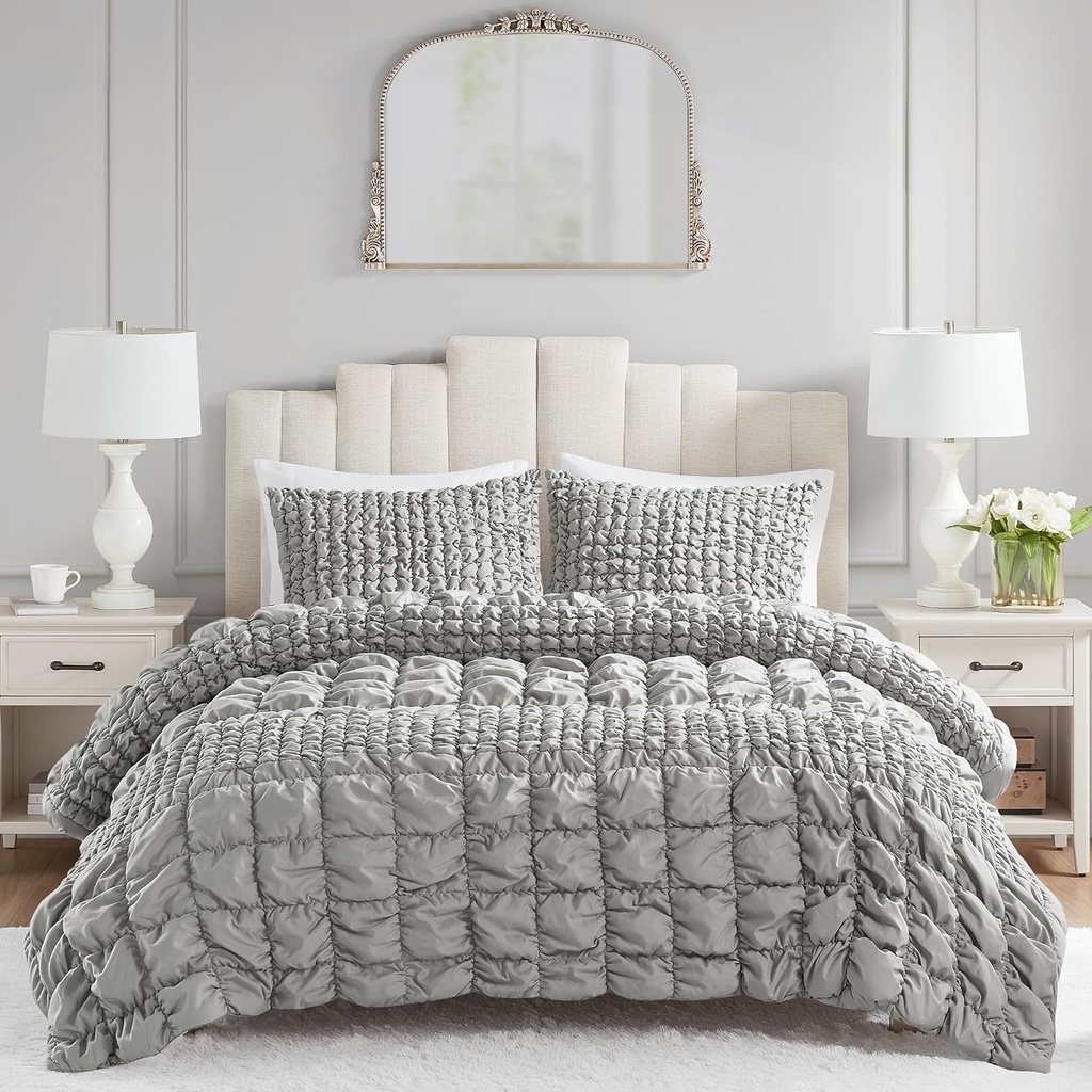 Madison Park Queen Comforter Set Ruched Queen Bedding Set, Elastic Embroidery Comforters Queen Size, All Season, Microfiber Queen Size Comforters, Matching Shams, Evelyn, Full/Queen, Grey 3 Piece