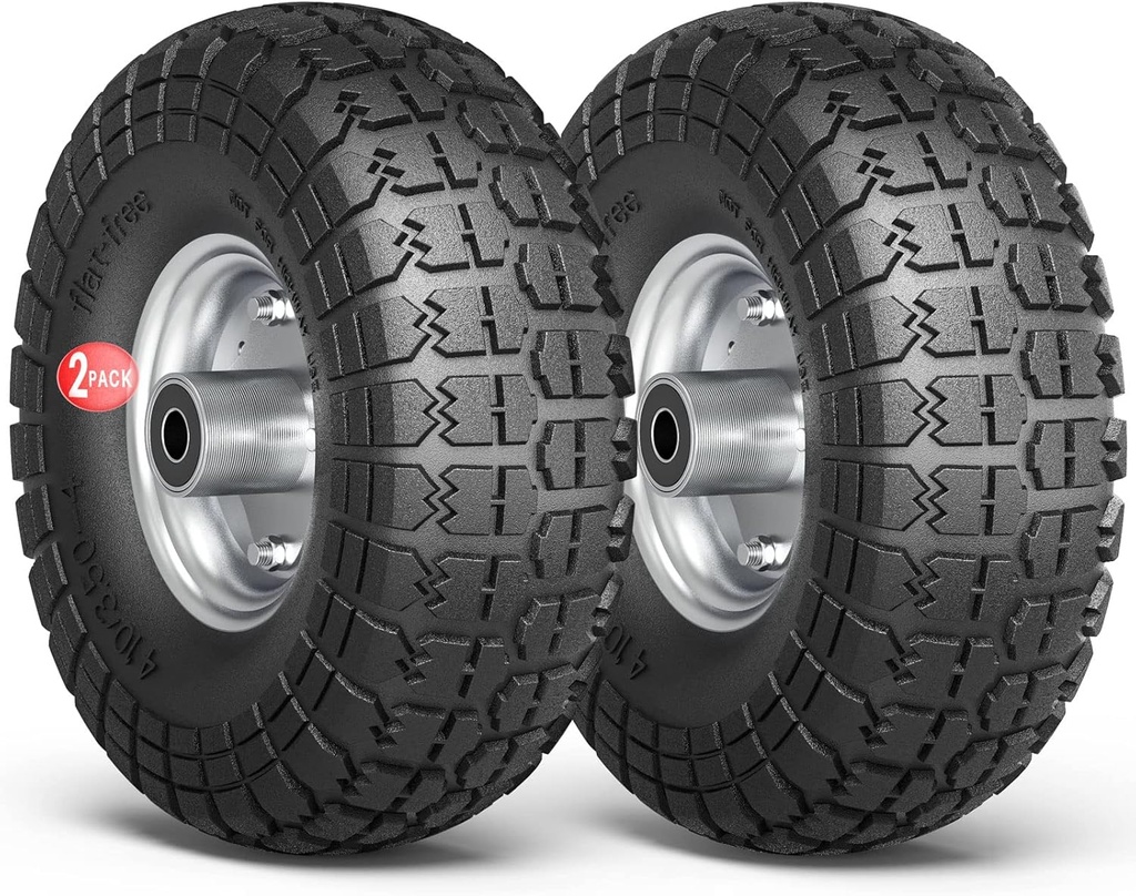 4.10/3.50-4 Tire Wheels Flat Free, 10" Heavy Duty Solid Replacement Tires with 5/8’’ Bearings for Wagon, Wheelbarrow, Hand Truck, Generators (2 Pack)