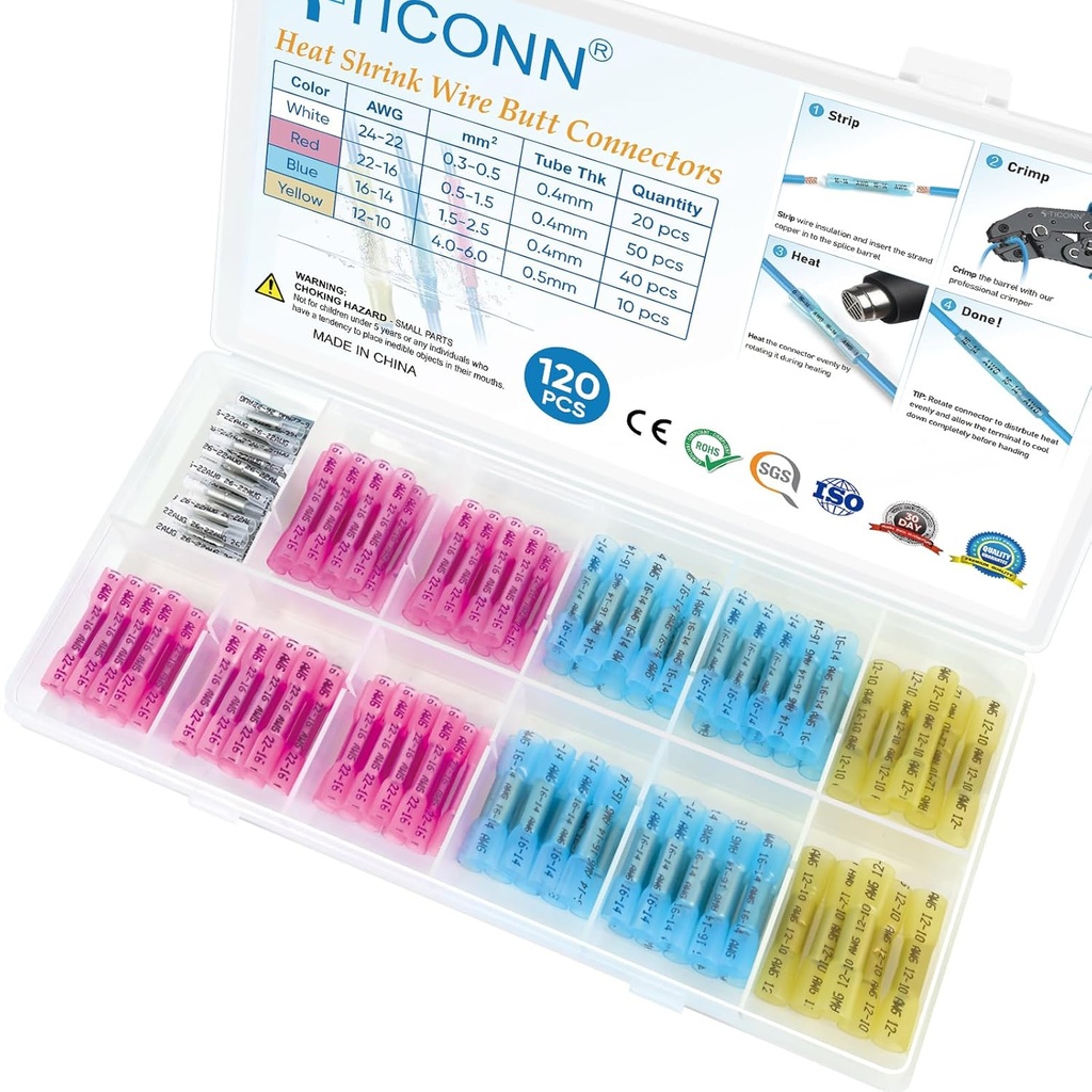 TICONN 120 PCS Heat Shrink Butt Connectors Kit, AWG 24 – 10 4 Sizes Butt Splice, Insulated Waterproof Electrical Marine Automotive Wire Crimp Terminals (120pcs)