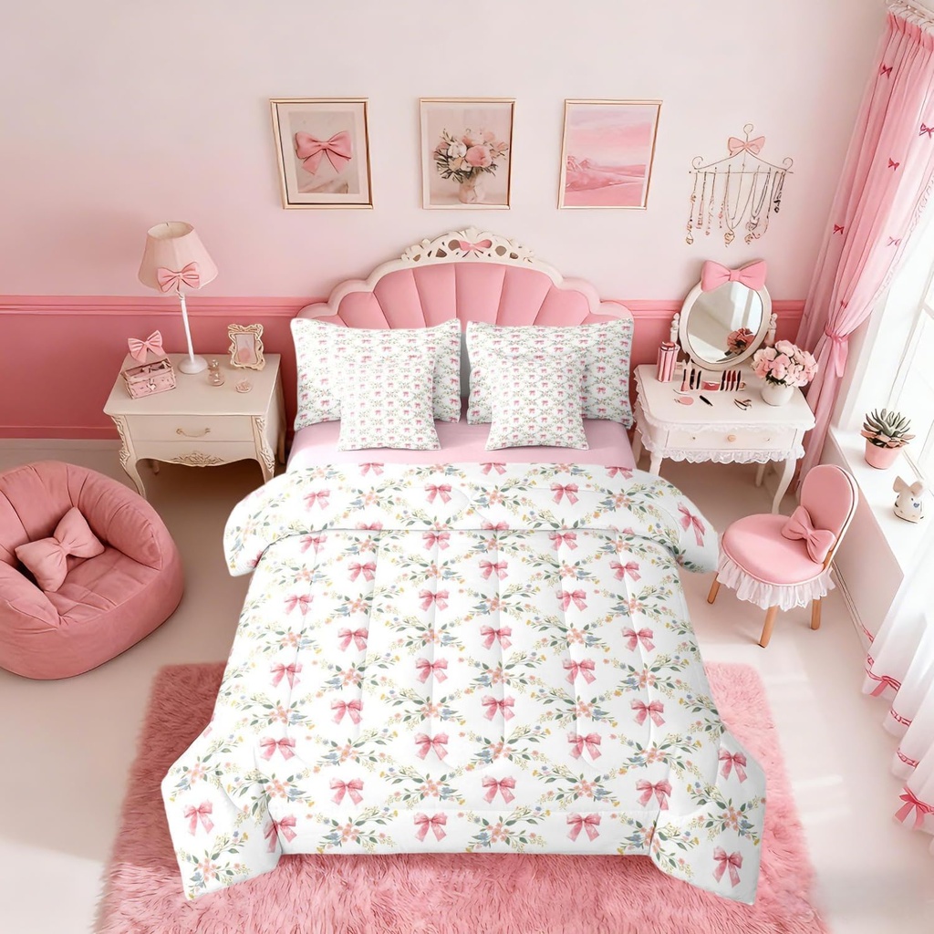 Erosebridal Pink Bow 7 Piece Comforter Set Twin Garden Abstract Blooming 7 Piece Bed in a Bag Coquette Bow Grid Plaid Fitted Sheet Breathable Lightweight Dreamy Princess Style Sheet Set