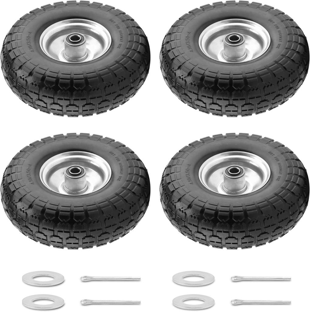 4 Pack 10" Solid PU Tires and Wheels,4.10/3.50-4 Tire and Wheel Flat Free, Replacement Wheels for Garden Cart, Hand Truck, etc