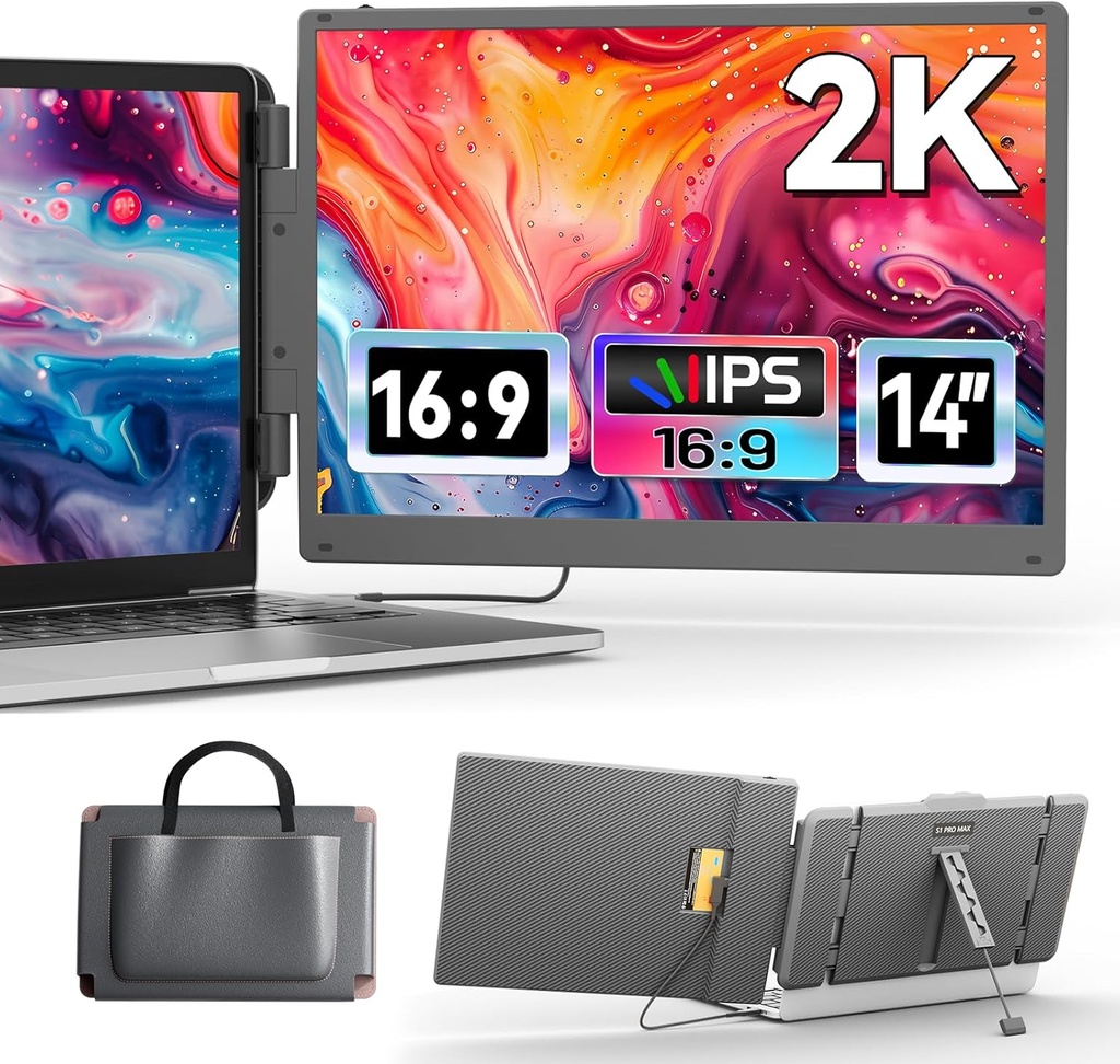 Cenerius 2K Ultra-Clear Laptop Screen Extender, 14" IPS Quad High Definition, 2160 x 1440 Dual Laptop Monitor Extender Portable Monitor with HDMI/USB-A/Type-C Plug-Play Fits 13-17" Laptops(Mac/Win)
