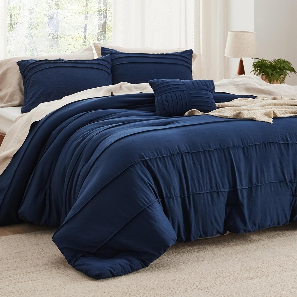 Bedsure King Comforter Set - 4 Pieces Pinch Pleat Bed Set, Navy Blue Boho Bedding for All Season, 1 Soft Comforter, 2 Pillowcases, 1 Decorative Pillow