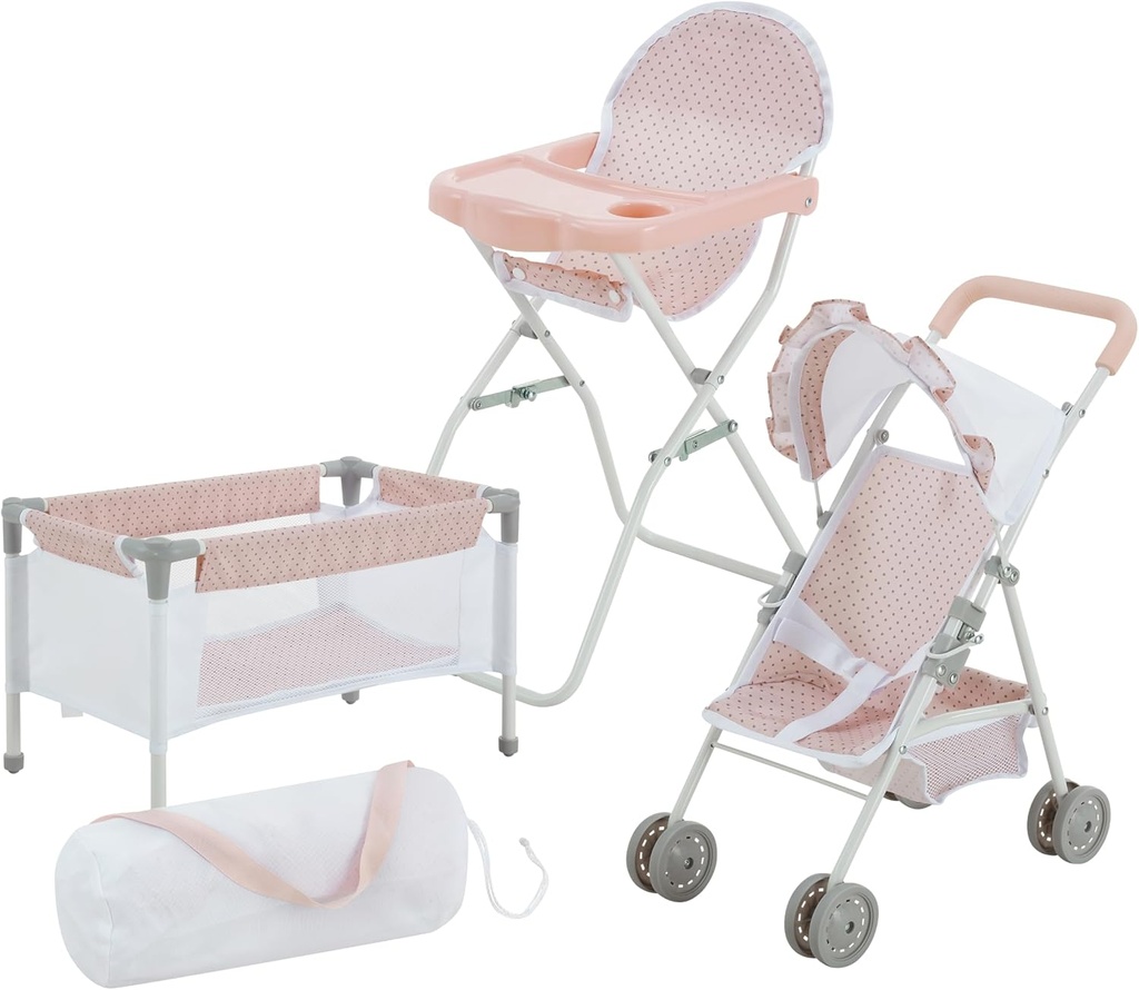 Olivia's Little World Polka Dot Princess Baby Doll 3pc Nursery Set - Crib, High Chair & Stroller, Pink & Gray