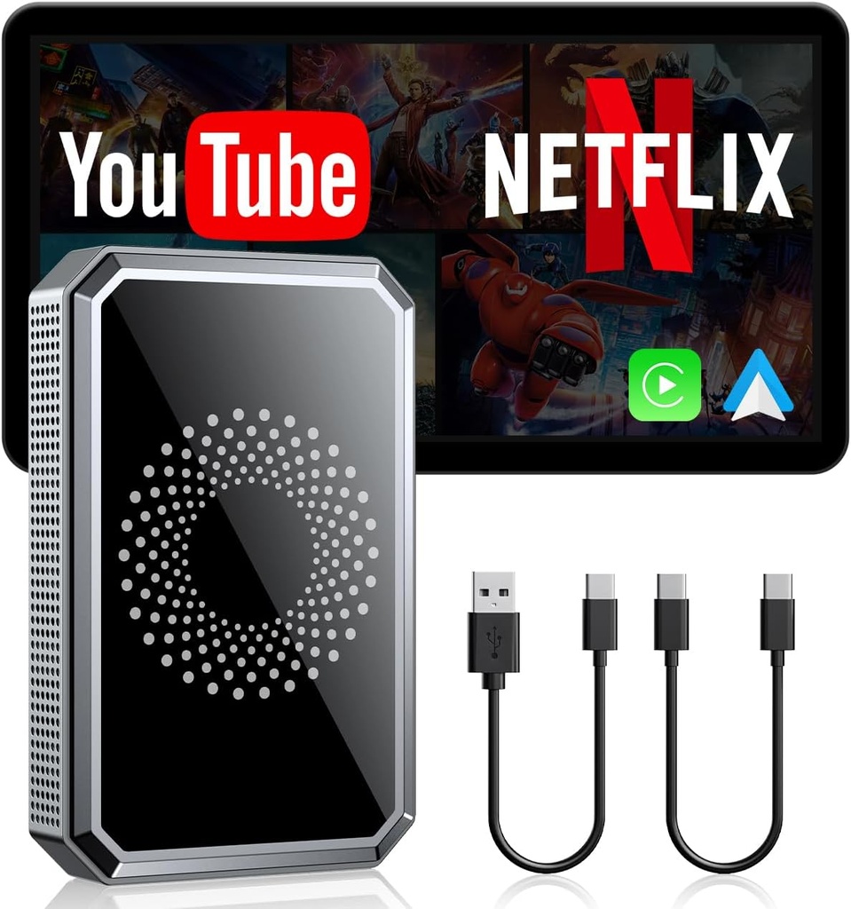 LAMTTO 3-in-1 Magic Video AI Box for Streaming Netflix/YouTube/TikTok, Wireless Carplay Adapter Dongle with USB Drive for OEM Wired Apple Car Play Cars