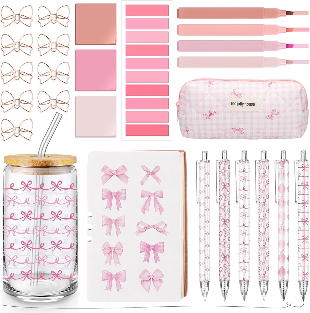 27 Pcs Pink Stationery Set Pink Coquette Bow Gift for Girl Office Supplies Bow Journal Notebook 16oz Glass Cup Highlighters Pen Sticky Notes Paper Clips for Women Student Nurse