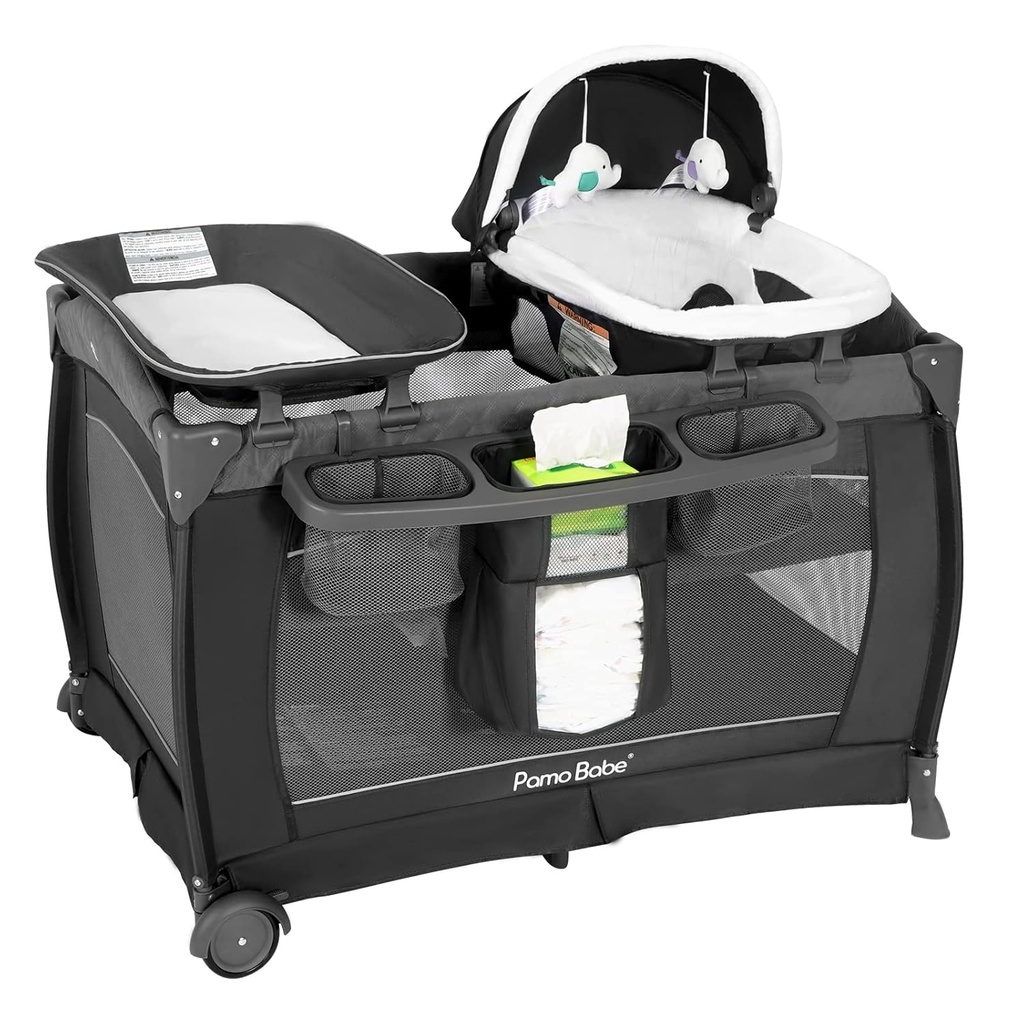 Pamo Babe Playard Portable Playard Foldable Playpen for Baby and Toddler Portable Crib Mattress Diaper Changer for Newborn (Grey)