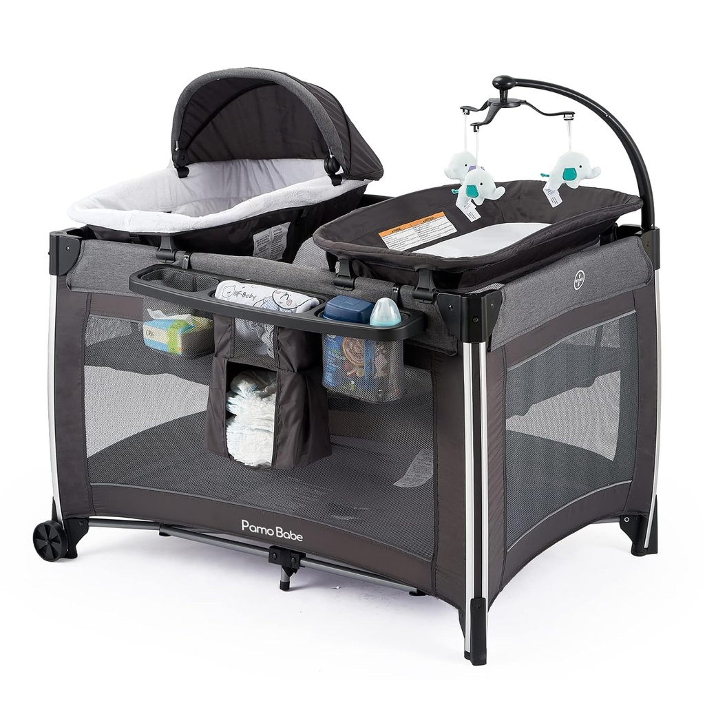 Pamo Babe 4 in 1 Portable Baby Crib Deluxe Nursery Center, Foldable Travel Playard with Bassinet, Mattress, Changing Table for Newborn, Infant, Toddler(Grey)