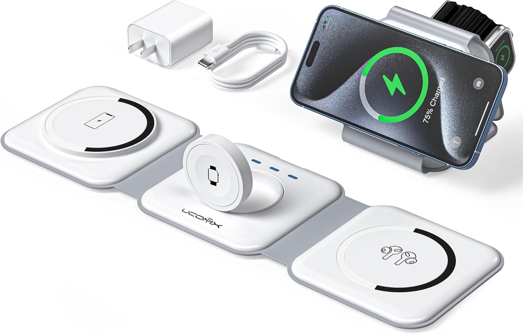 UCOMX 3 in 1 Charging Station for Multple Devices,Foldable 3 in 1 Wireless Charger for Travel,NANO Wireless Charging Station for iPhone17 16 15 14 13 12 Pro Max/Watch 10 9 8 7 6 5 4 3 Ultra/AirPod Pro