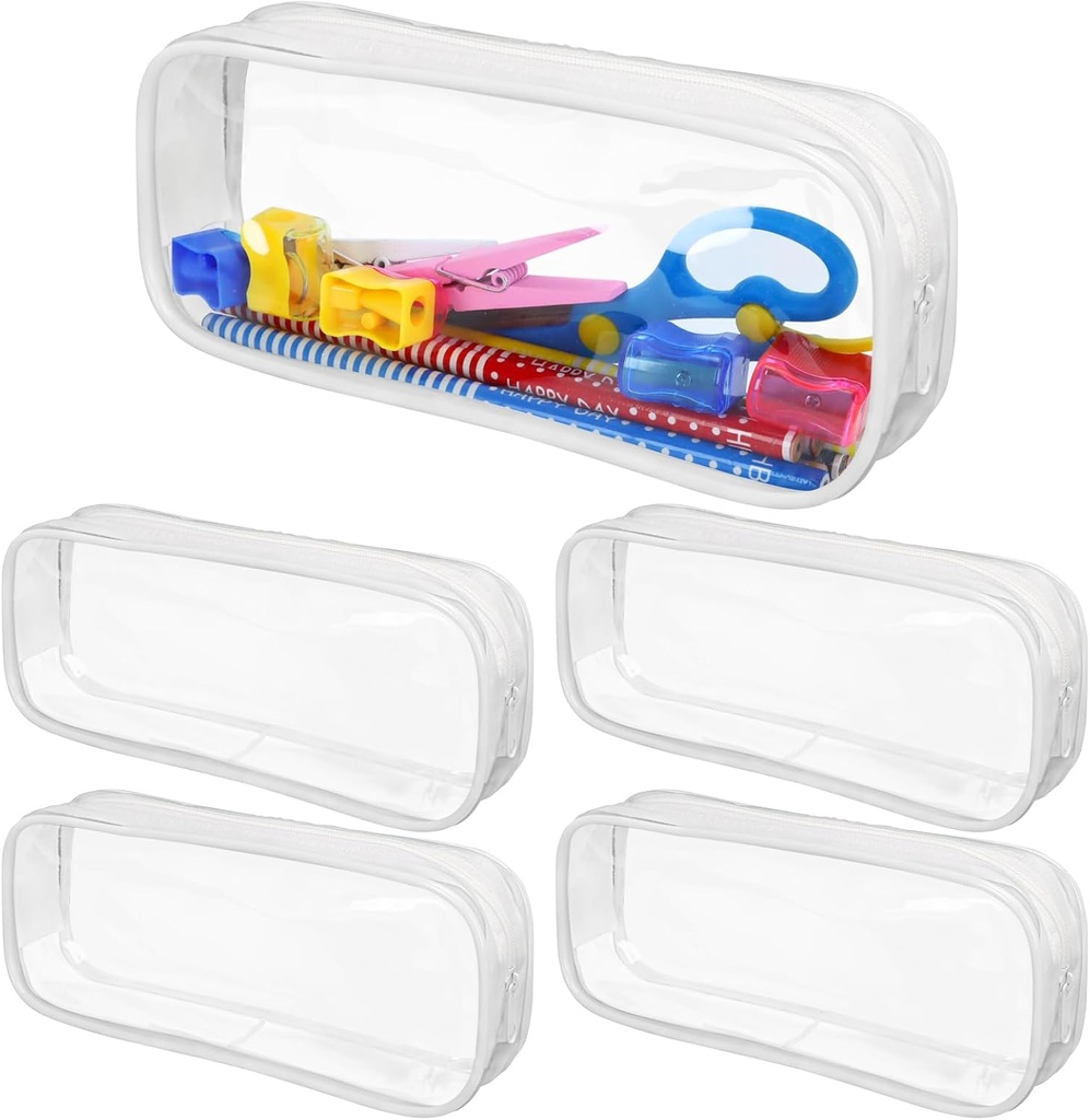5 Pack Clear PVC Zipper Pencil Pouch, Pen Pencil Case Makeup Pouch, Large Capacity Pencil Bag for Office Stationery Travel Storage (White)