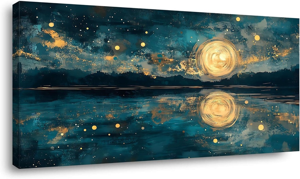 Moon Sea Ocean and Stars Canvas Wall Art -Moonrise at Sea Night Landscape Scene Printing, Blue & Gold Abstract Nature Artwork for Living Room, Bedroom & Coastal Home Décor, Ready to Hang 40L" x 20W"