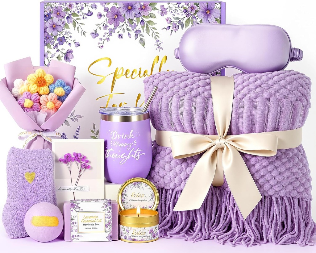 Birthday Gifts for Women,Mothers Day Gifts for Mom,Valentines Day Gift for Her,Self Care Spa Gift Basket with Blanket Candle Bath Bomb,Relaxing Spa Set,Get Well Package,for Mom Wife Sister Best Friend