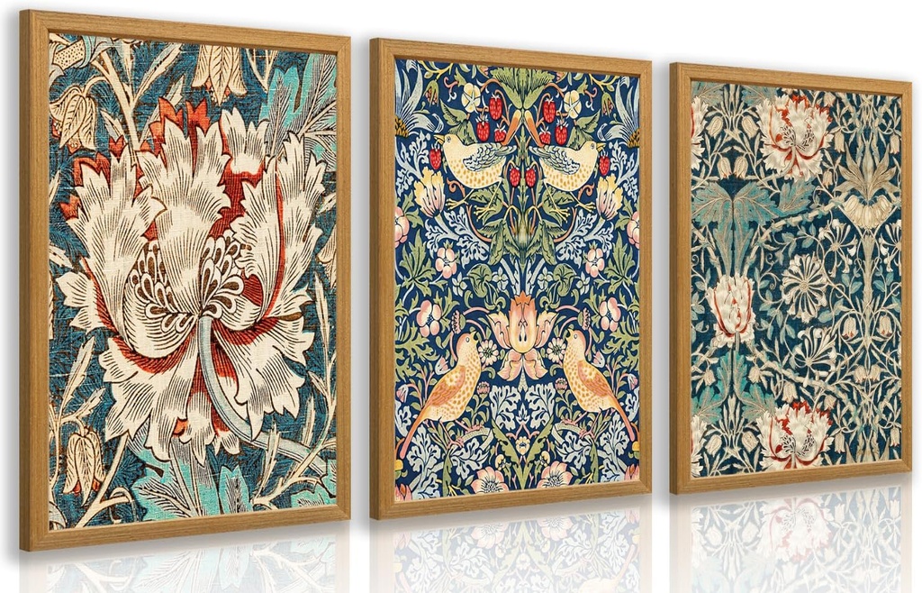 FASWQ Wood Framed William Morris Wall Art, Nouveau Vintage Botanical Wall Decor, Retro Intricate Floral Animal Canvas Painting, Retro Natural Flower Bird Poster Print for Living Room Bedroom Set of 3, Each 16x24 Inch