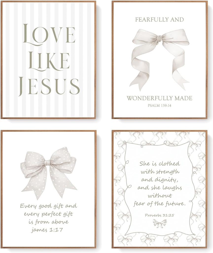 LARTSFRO Coquette Beige Bow Jesus Wall Art Decor Posters, Beige Bow Christian Room Bedroom Bathroom Wall Art Decor Aesthetic for Teen Girls Gifts, Inspirational Bible Verses Bow Wall Decor, 10x8 Inch Set of 4 Bow Pictures (UNFRAMED)