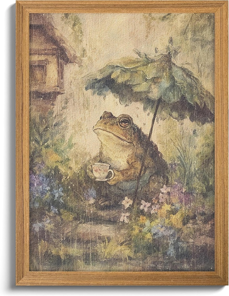 3D Textured Framed Vintage Frog Wall Art, Rustic Farmhouse Animal Wall Decor, Funny Frog with Umbrella Sandstone Painting, Whimsical Cottagecore Picture for Living Room Bedroom 12x16 Inch
