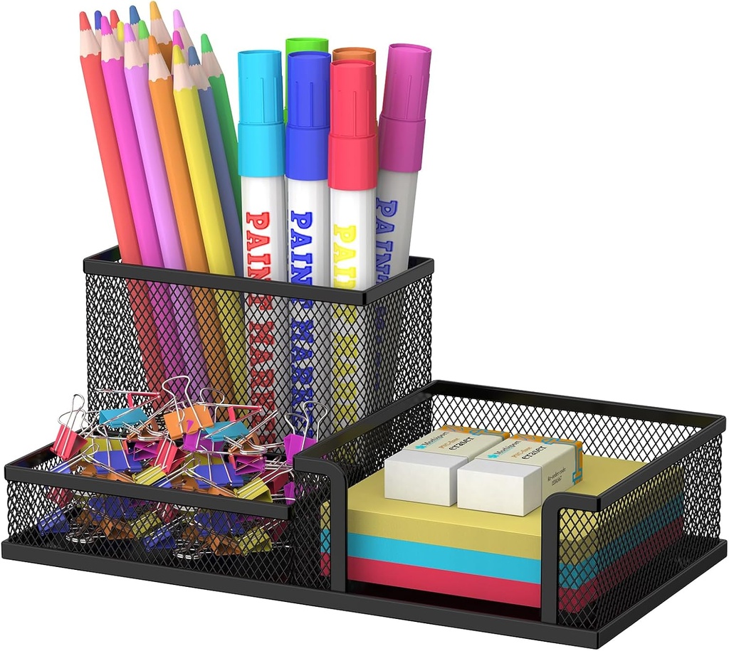 SUPEASY Pen Holder Desk Organizer, Office Supplies Pencil Holder with 3 Compartments, Desk Accessories and Workspace Organizers for Home School, Black
