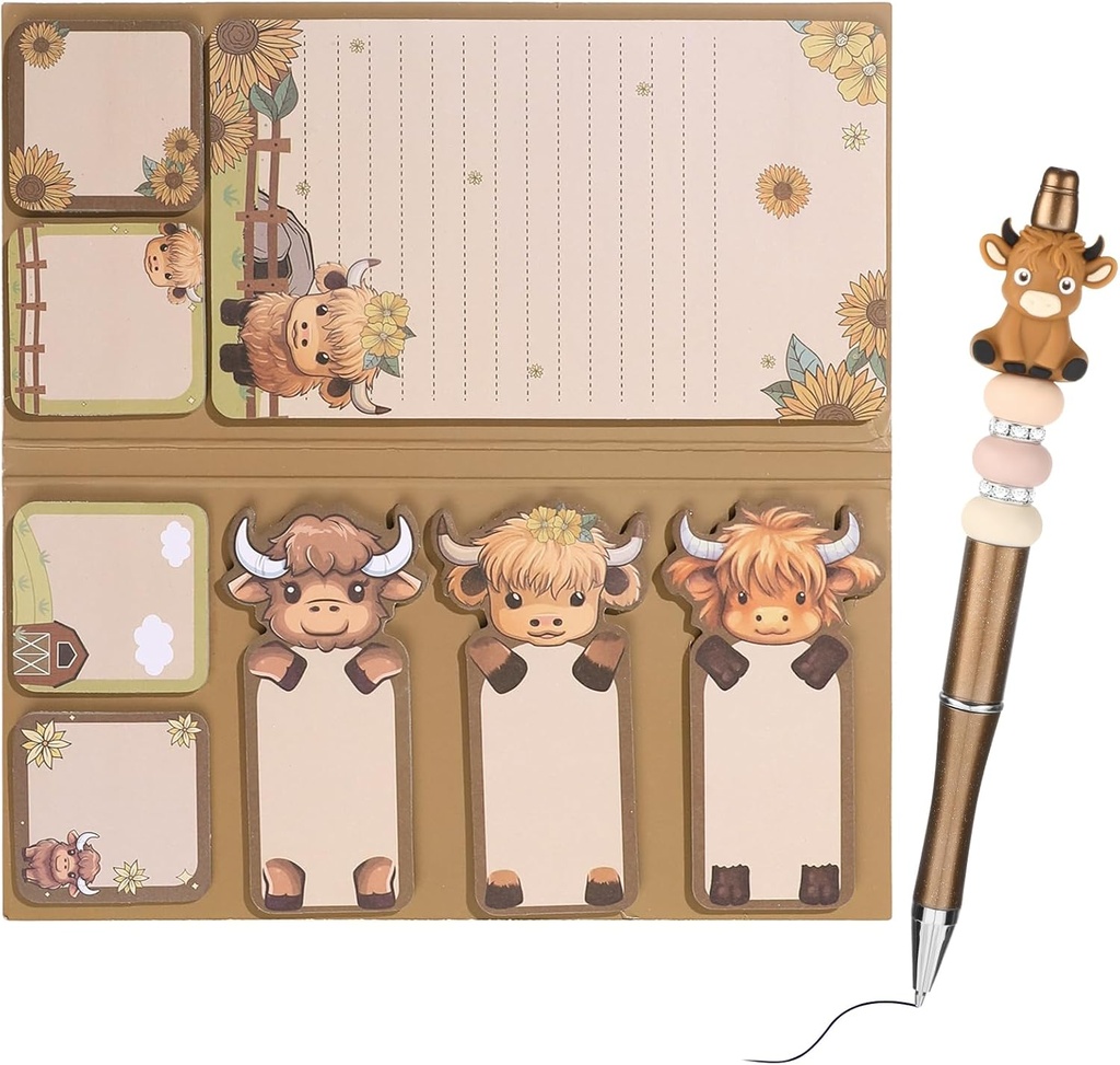 9 Pieces Lovely Highland Cow Sticky Notes,with 1 Pieces Beadable Pens,for Birthday Christmas Gift School Office Party Favors (Sticky Notes with Pen(White))