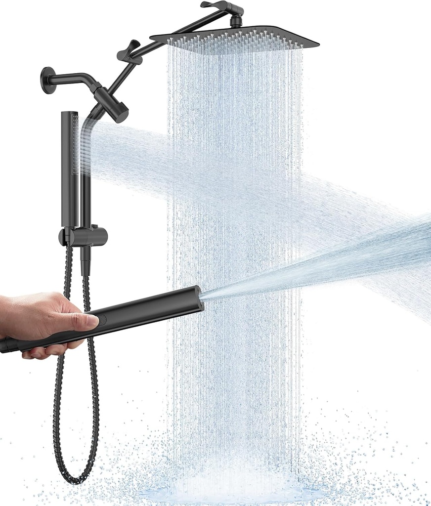 Veken All Metal 10" Black Shower Head with Handheld, Luxurious Square High Pressure Double Rain Shower Heads with Spray Combo, Dual Detachable Rainfall Showerhead with Arm,Bathroom Upgrade,Matte Black