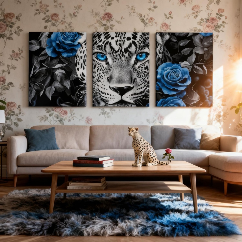 Cheetah Canvas Wall Art Blue Rose Paintings Wall Decor,Black and White Grey Leopard Print Framed Wall Art for Living Room,African Animals Flowers Canvas Artwork Paintings 3 Piece Pictures Wall Decor