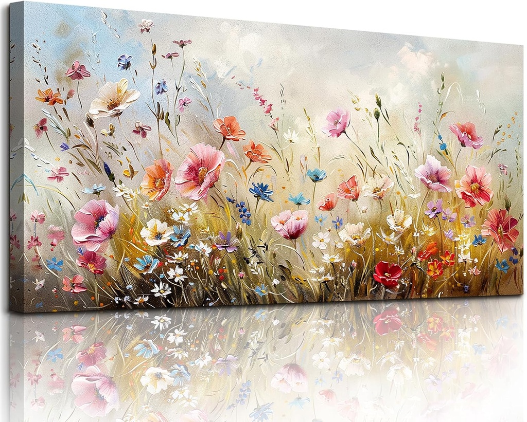crmotu Floral Botanical Wall Art, Blooming Wildflowers Large Artwork, Flower Market Canvas Art Prints, Meadow Plant Nature Wall Decor, Rustic Wall Paintings for Living Room Bedroom Farmhouse 20"X40"