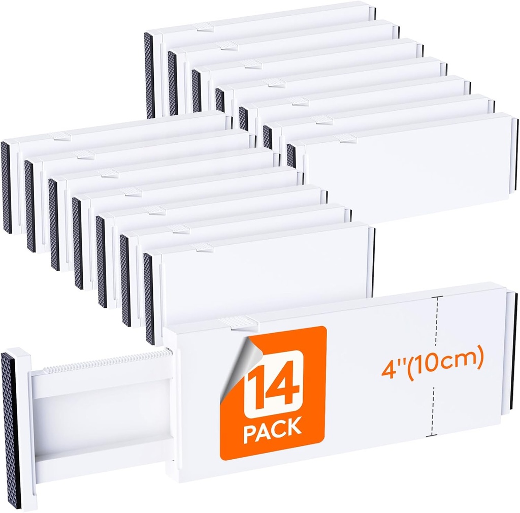 Lifewit 14 Pack Drawer Dividers for Clothes, 10.9-16" Adjustable Drawer Organizers, 4" High Plastic Expandable Drawer Separators in Bedroom/Office/Bathroom/Kitchen Storage, White