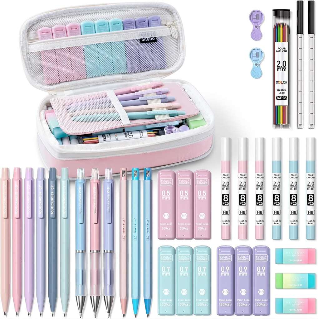 Four Candies 36PCS Aesthetic School Supplies, Mechanical Pencils 0.5mm, 0.7mm, 0.9mm & 2.0mm with 624PCS Lead Refills, Cute Mechanical Pencils for Writing, Drawing & Drafting (Pink)