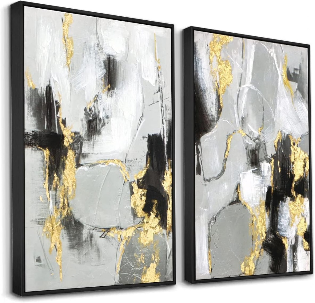 Zessonic Black Abstract Wall Art Decor - 2 Pack 24" x 36" Black and Gold Canvas Wall Decor with Hand Texture for Living Room, Bedroom, Office, Framed, Ready to Hang