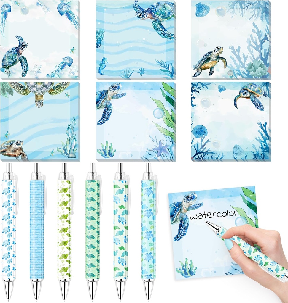 12Pcs Sea Turtle Sticky Notes with Pens Set Watercolor Ocean Sea Animals Writing Notepads Memo Pads Ballpoint Pens VSCO Aesthetic Christmas Gifts for Turtle Lovers Women Teacher Office School Supplies
