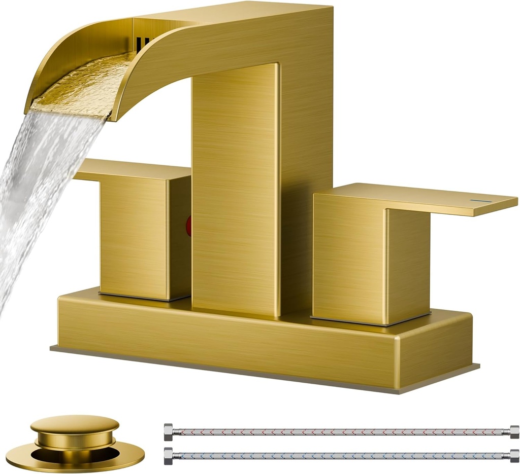 FORIOUS Square Brushed Gold Bathroom Faucets for 2 Hole or 3 Hole, Waterfall 4 Inch Centerset Bathroom Sink Faucet with Metal Pop-up Drain and Supply Lines, Two Handles for Vanity, Laundry Room, Basin