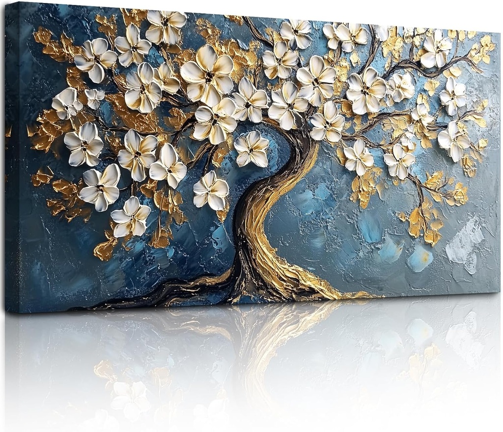 SERIMINO Tree of Life Large Canvas Wall Art, Abstract Gold Tree Modern Office Decorations, Nature White Floral Artwork for Walls, Navy Blue Pictures Wall Decor Living Room Bedroom Art Prints 20"X40"