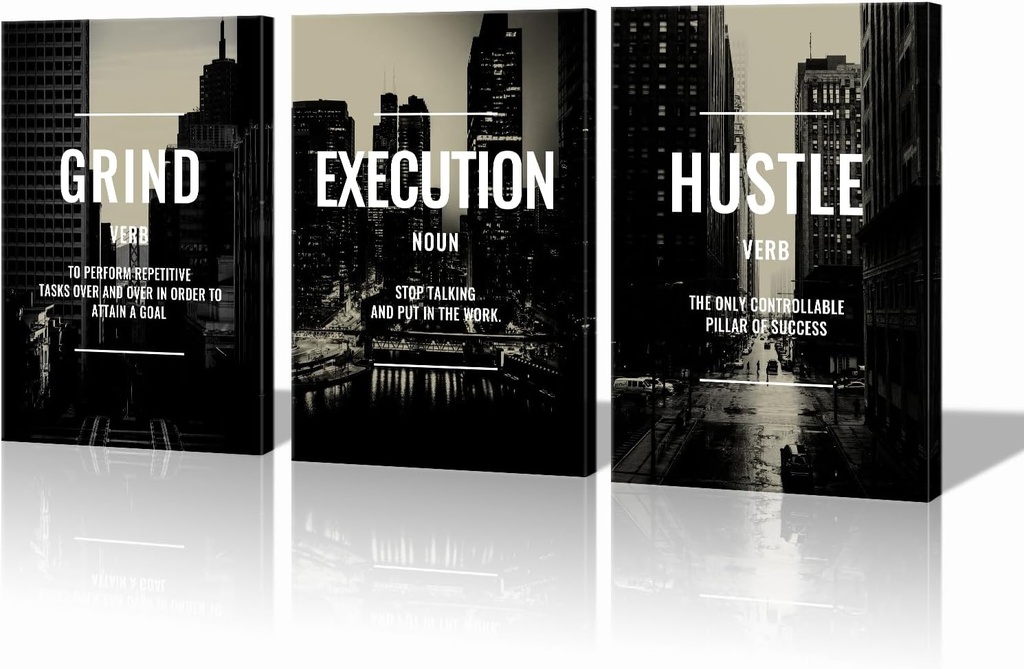 Xbolu Motivational Wall Decor Framed Grind Hustle Execution Wall Art Inspirational Canvas Wall Decor for Office Pictures Motivational Posters Artwork Office Ready to Hang