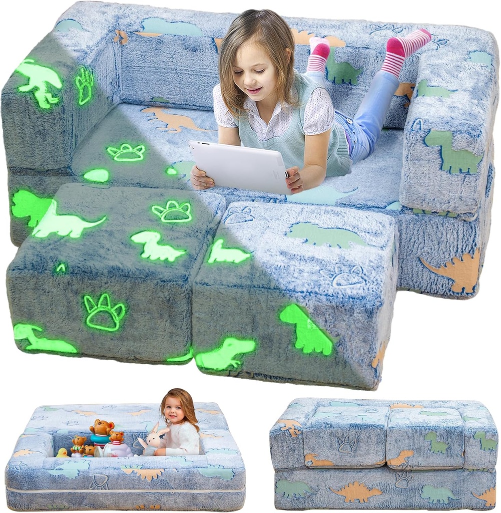 Toddler Couch, Glow in The Dark Kids Play Couch Toddler Fold Out Couch, Kids Fold Out Couch for playroom, Convertible Baby Fold Out Play Foam and Floor Cushion for Bedroom, Blue+Dinosaur