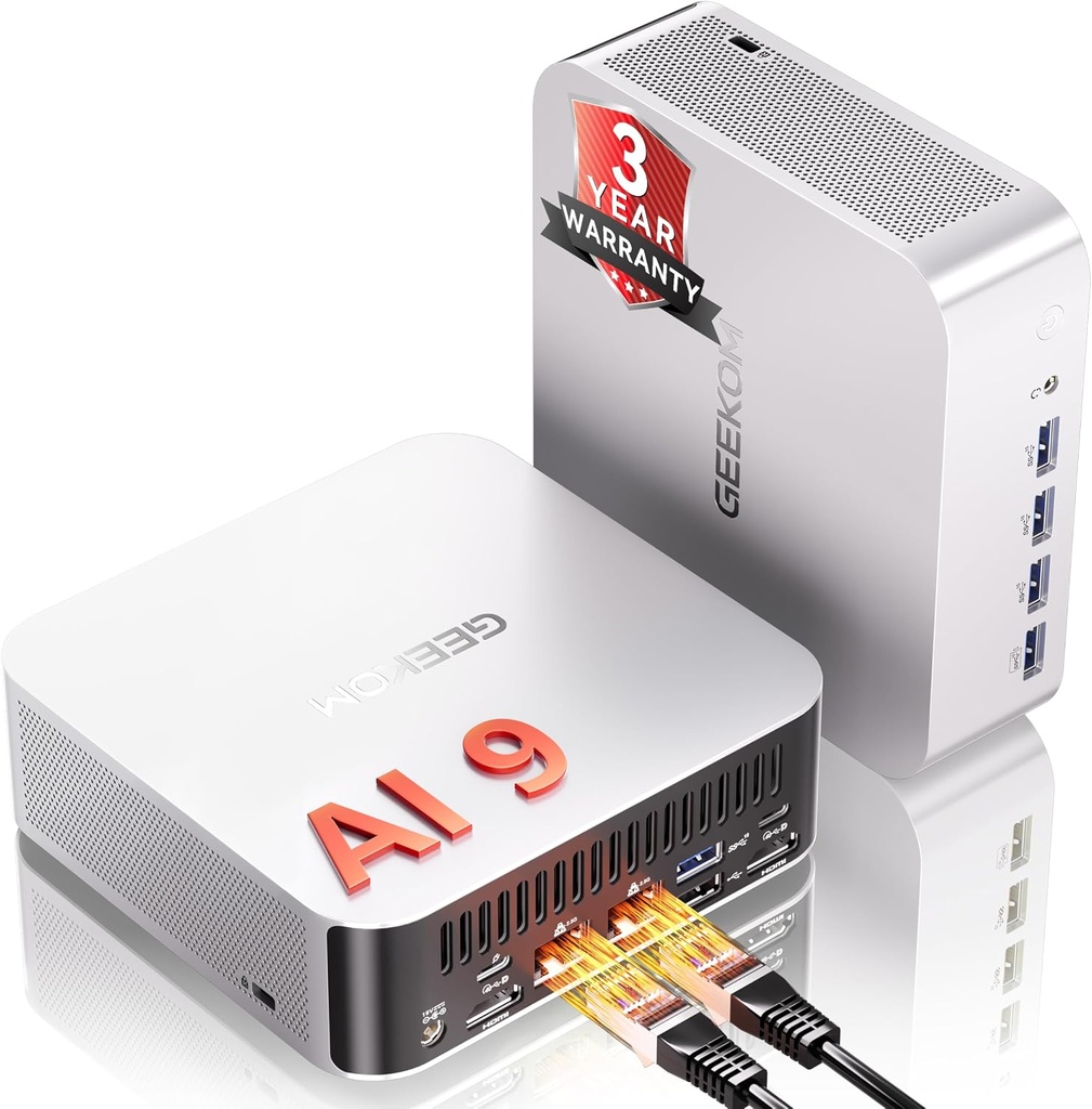 GEEKOM A9 Max AI Mini PC, with AMD Ryzen AI 9 HX 370 (80 Tops), Copilot+ PC, Radeon 890M, 32GB DDR5 (Not LPDDR), 2TB SSD, Win 11 Pro, WiFi 7, BT 5.4, USB4, HDMI 2.1, Dual 2.5GbE, 8K, 3-Year Warranty