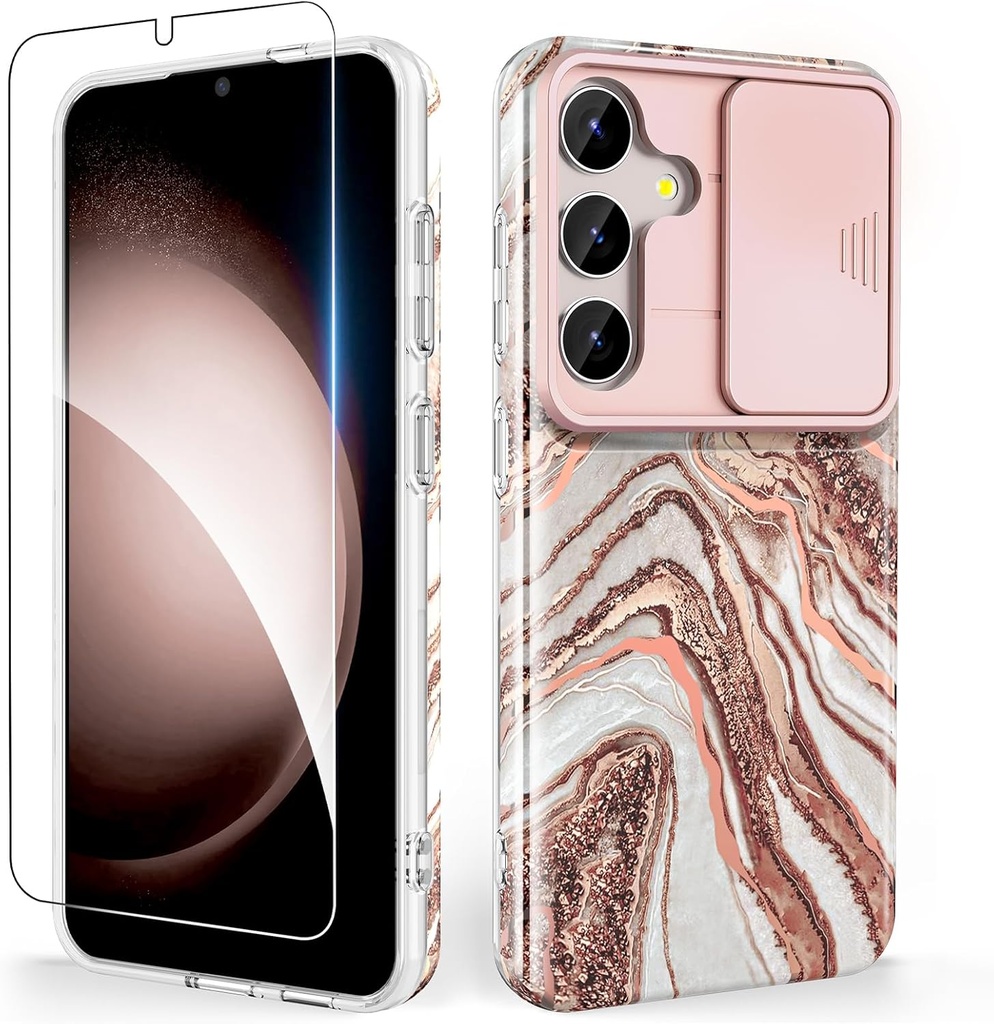 SHEDEER for Samsung Galaxy S24 Plus Case with Slide Camera Cover + Screen Protector, Samsung S24 Plus Case Shockproof Slim Thin, Glossy Fade-Resistant Pattern Phone Case Cover for S24+ Plus, Rosegold