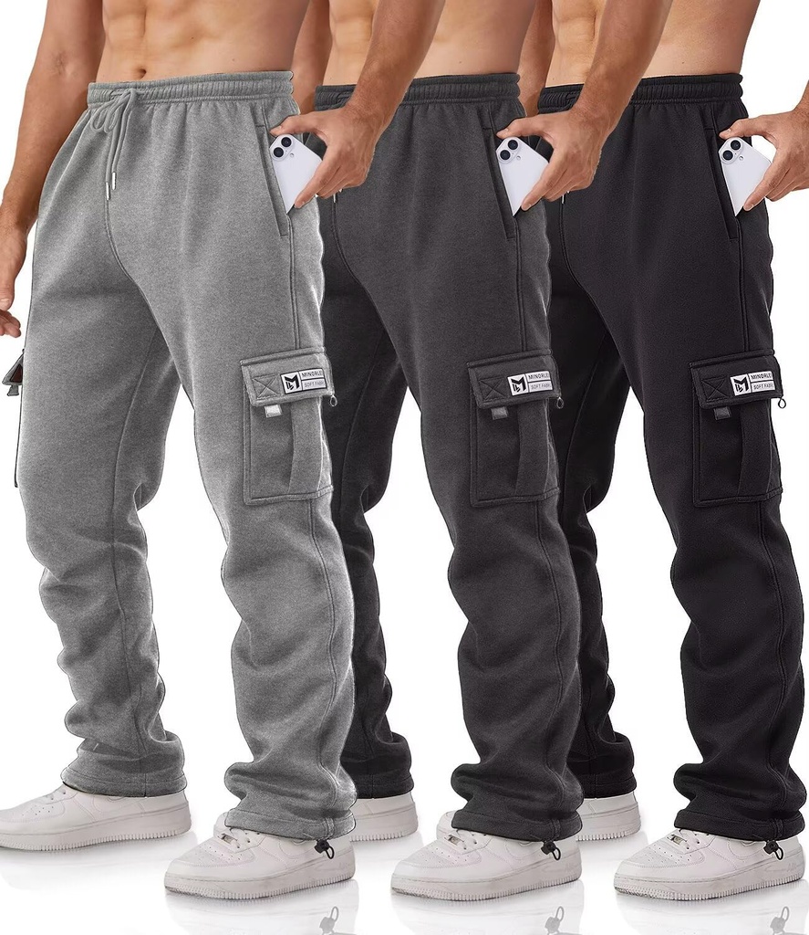 Cargo Pants for Men 3 Pack Relaxed Fit Mens Joggers with Pockets,Fleece Hiking Tactical Workout Pants Casual