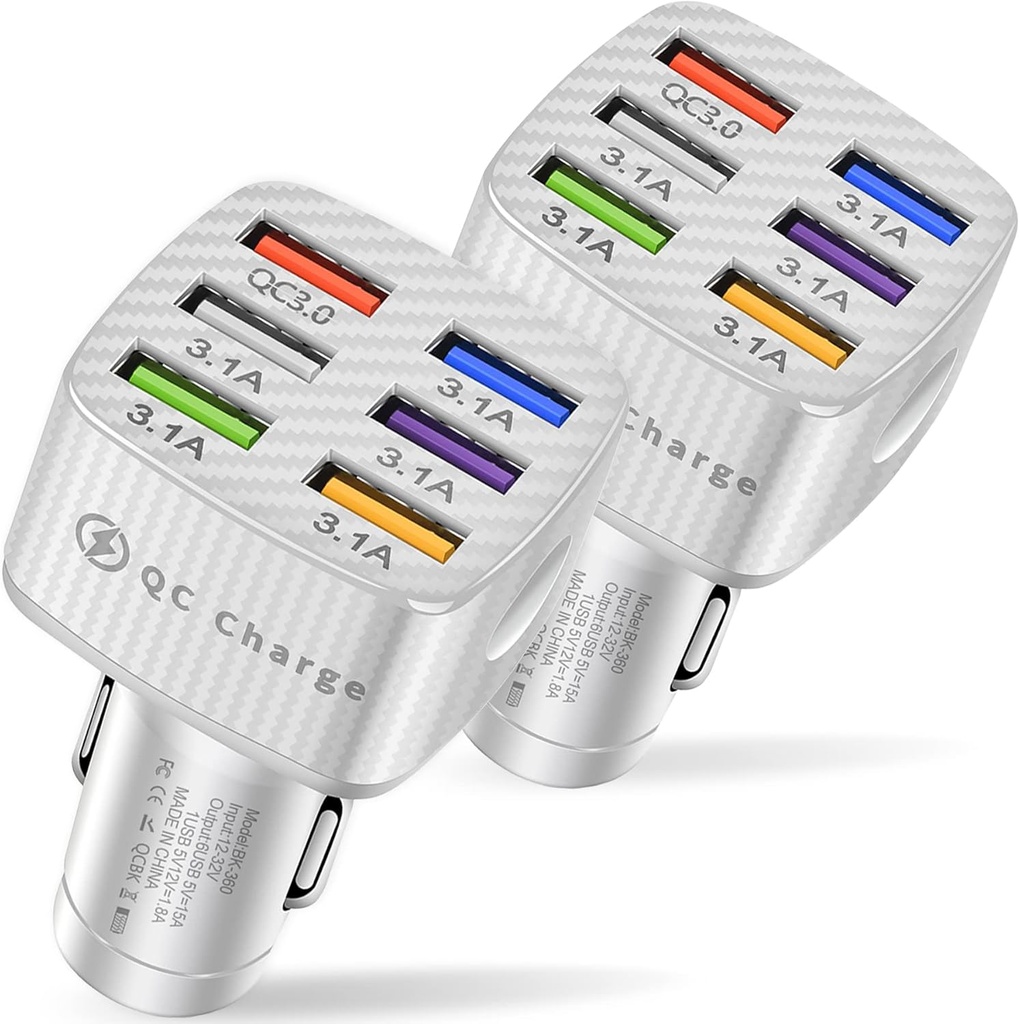 Amiss Car Charger Adapter, 6 USB Multi Port, Fast Charger, Include QC 3.0 and 5 Other Ports, Car Interior Accessories, Fit for iPhone 13/12/11/pro, Samsung Galaxy/Note S10/S9/S8 - White（2PCS）