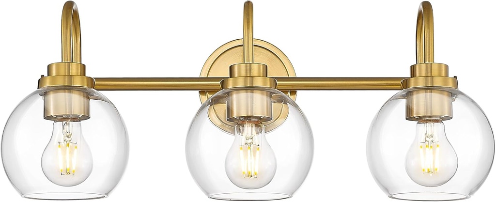 Audickic Bathroom Light Fixtures, 3-Light Brushed Gold Vanity Lights with Globe Clear Glass, Champagne Bronze Vanity Lighting Fixtures Over Mirror, AD-22280-3W-GD
