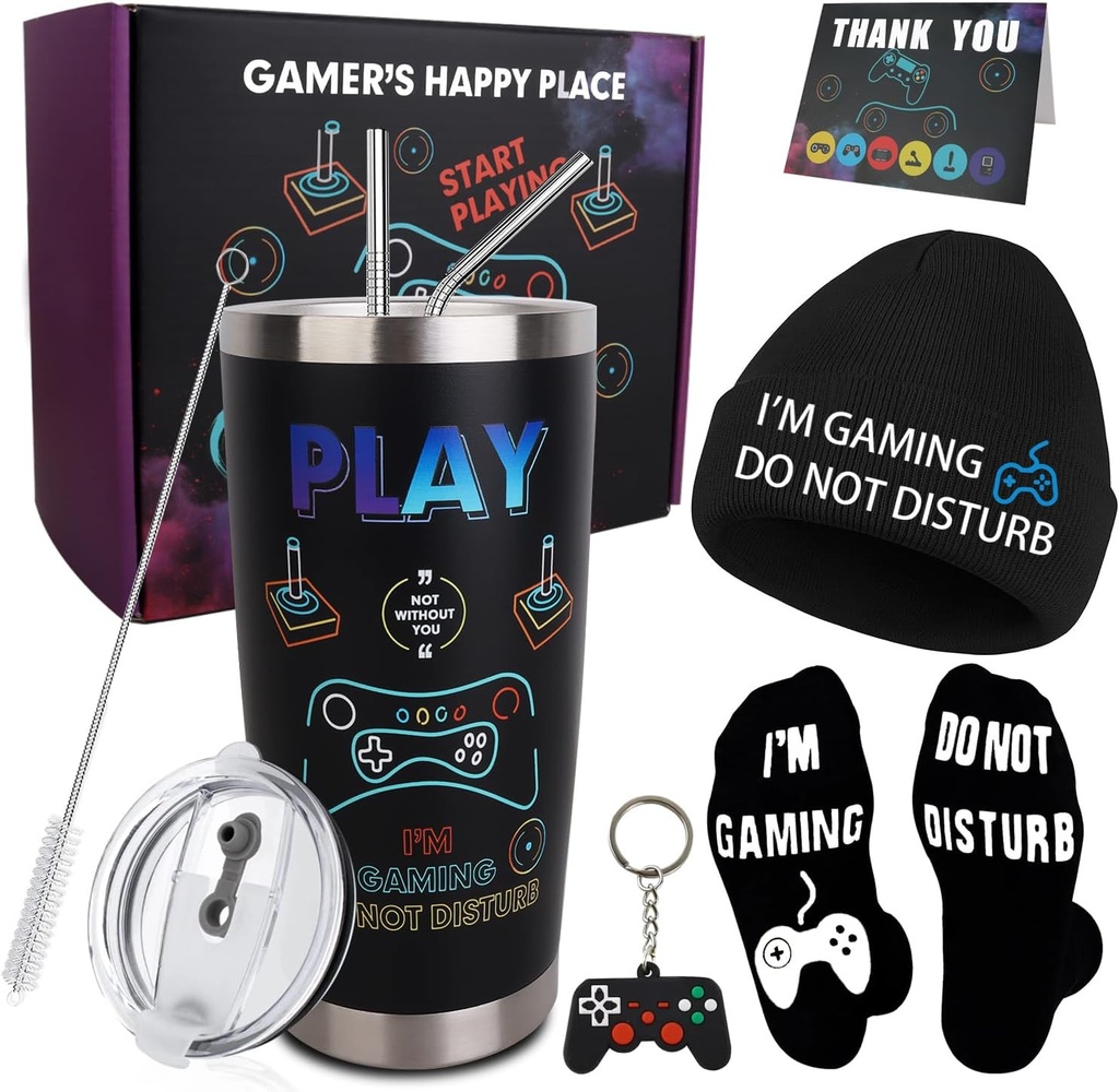 CAKKA Gamer Gifts, 8PCS Cool Gaming Gift Bulk Set Includes Tumbler Straw Beanie Socks Key Chain Thanks Card Gift Box, Christmas Gifts for Teen Teenage Boys Men Idea